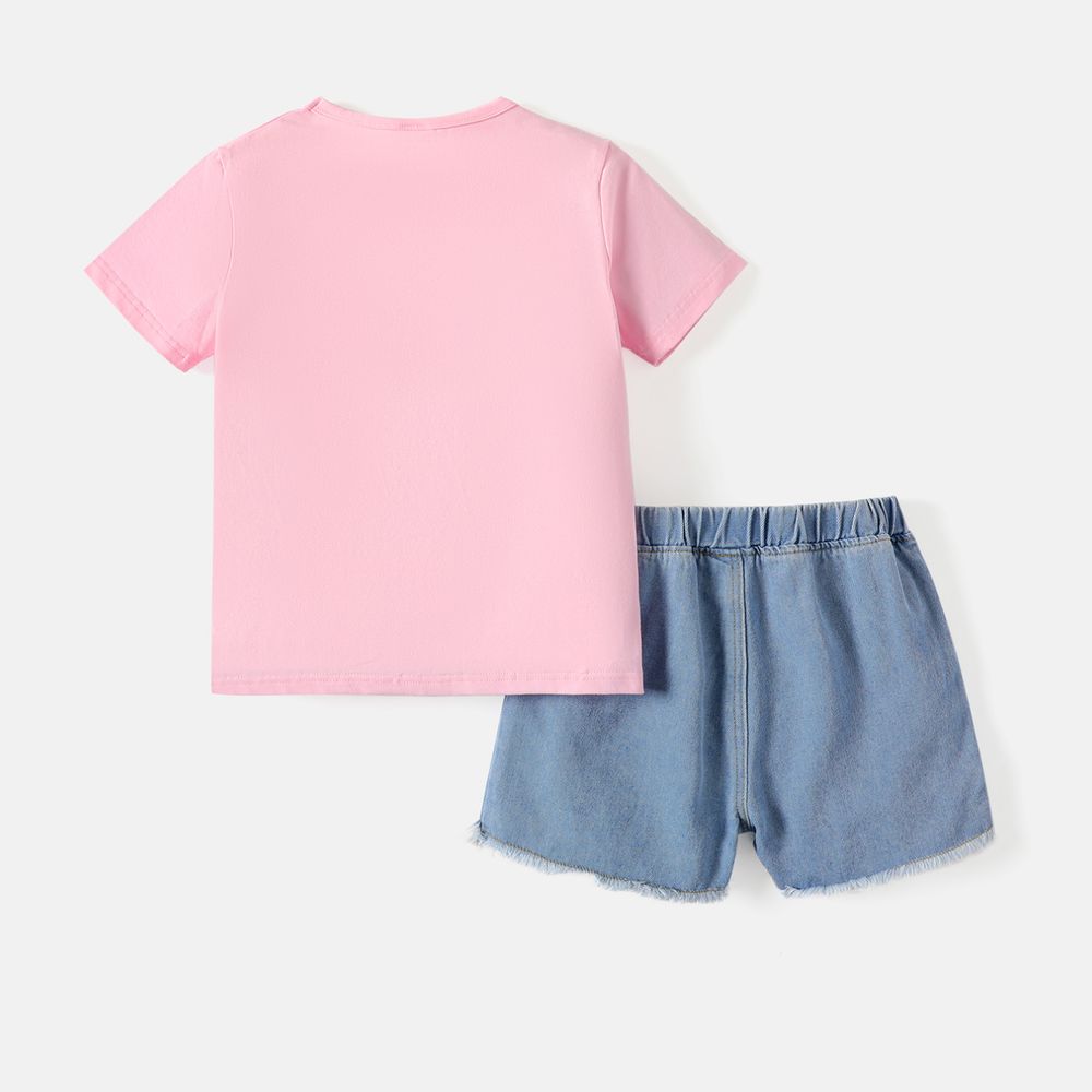2pcs Kid Girl Naia Heart Print Short-sleeve Tee and Leopard Print Splice Denim Shorts Set Pink big image 2
