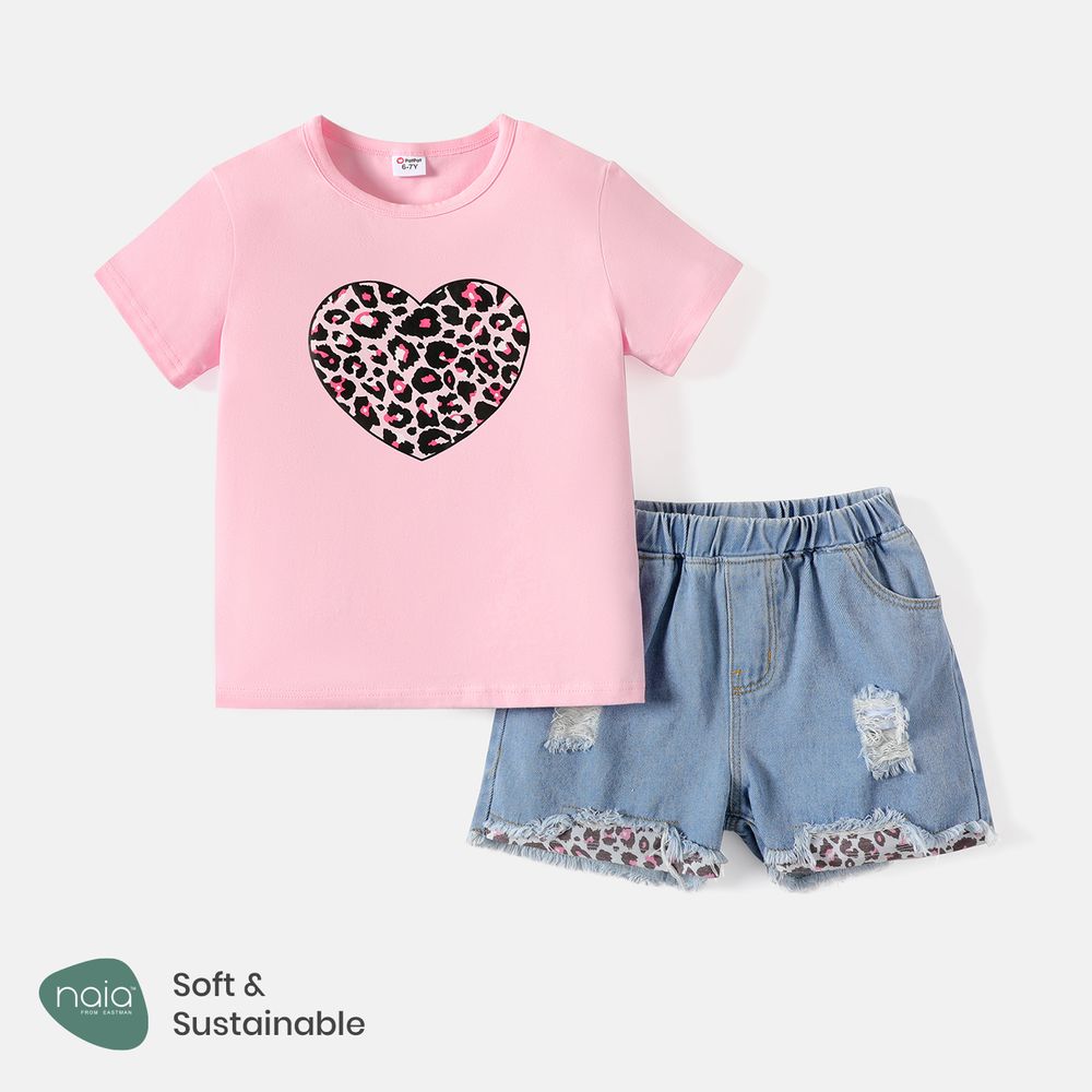 2pcs Kid Girl Naia Heart Print Short-sleeve Tee and Leopard Print Splice Denim Shorts Set Pink big image 1