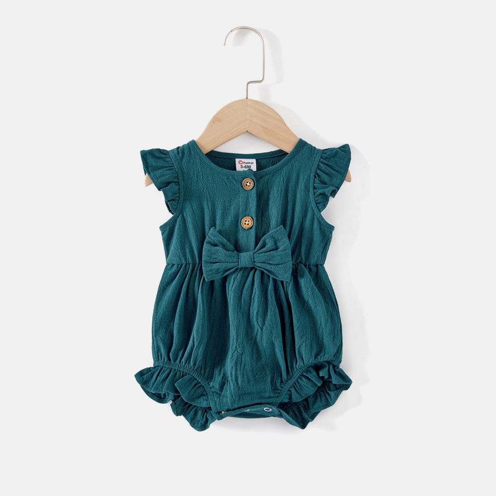 Mommy and Me 100% Cotton Button Front Solid V Neck Ruffle-sleeve Belted Dresses Peacockblue big image 10