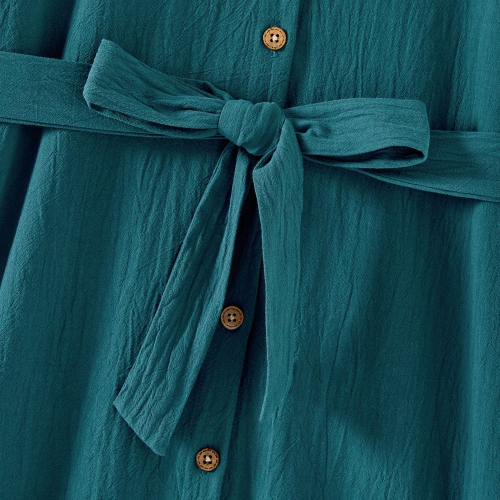 Mommy and Me 100% Cotton Button Front Solid V Neck Ruffle-sleeve Belted Dresses Peacockblue big image 4