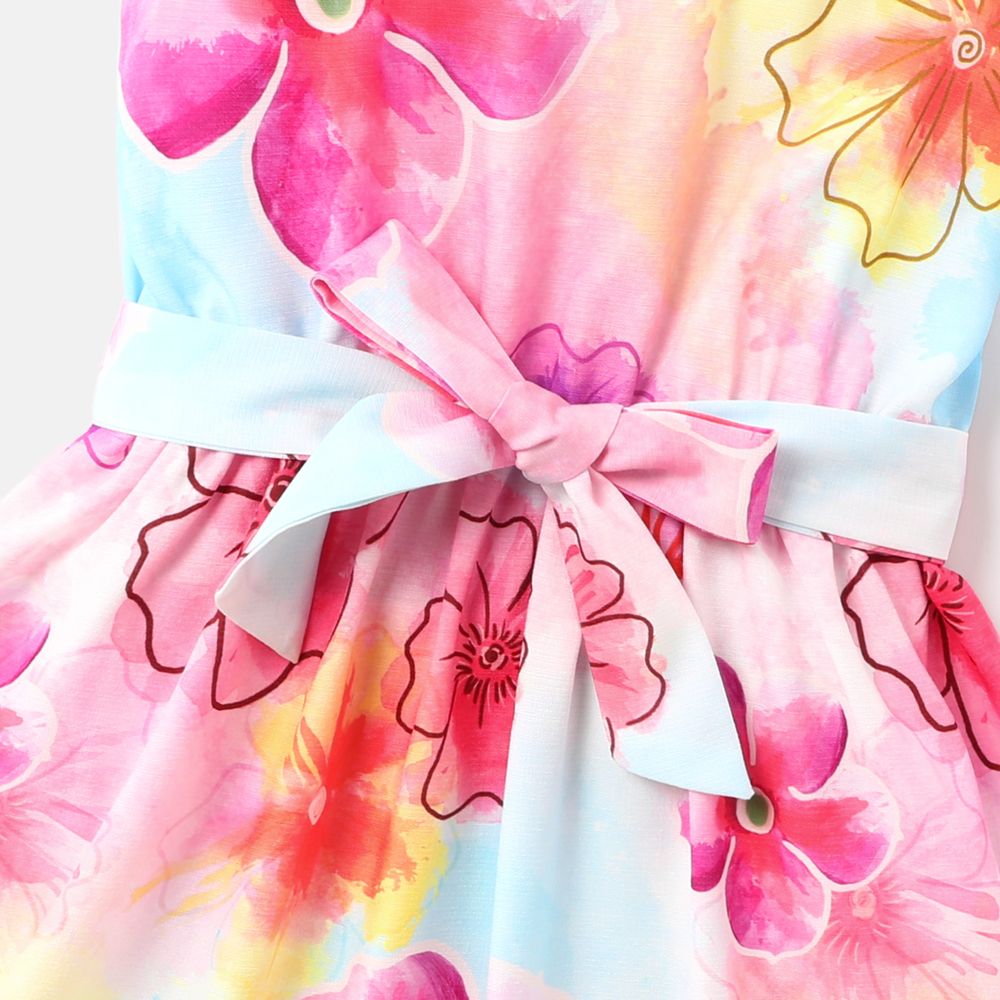 2pcs Kid Girl Floral Print Sleeveless Dress & Belt Colorful big image 2