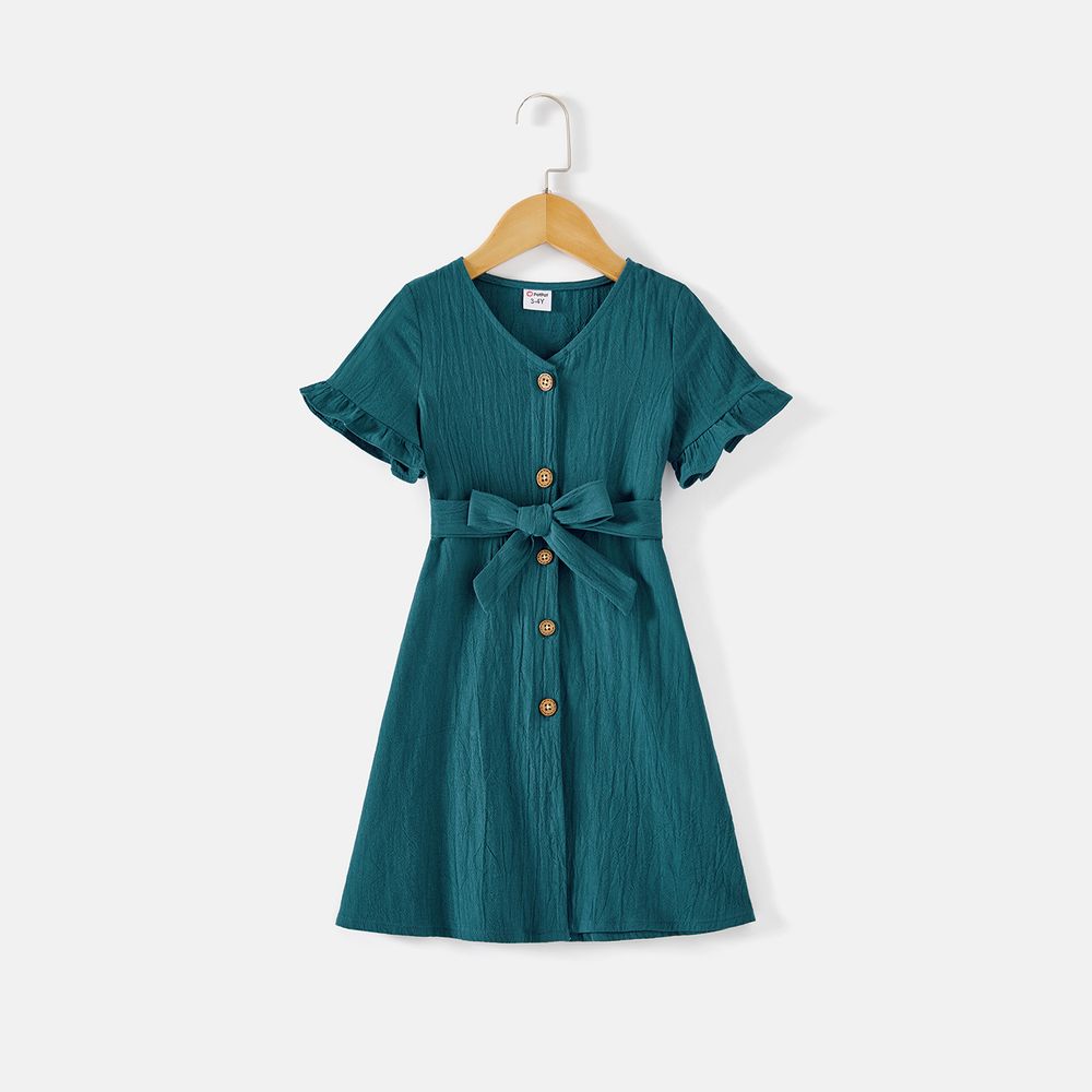 Mommy and Me 100% Cotton Button Front Solid V Neck Ruffle-sleeve Belted Dresses Peacockblue big image 6