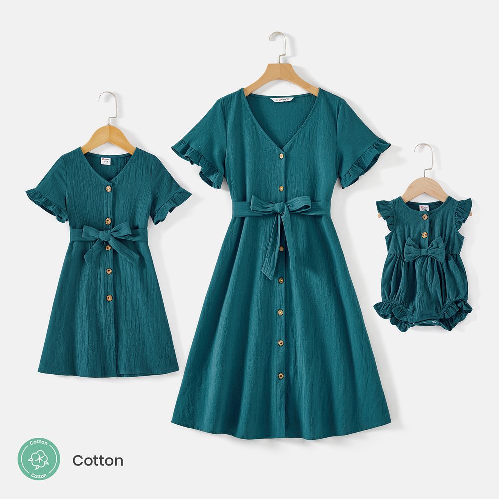 Mommy and Me 100% Cotton Button Front Solid V Neck Ruffle-sleeve Belted Dresses Peacockblue big image 1