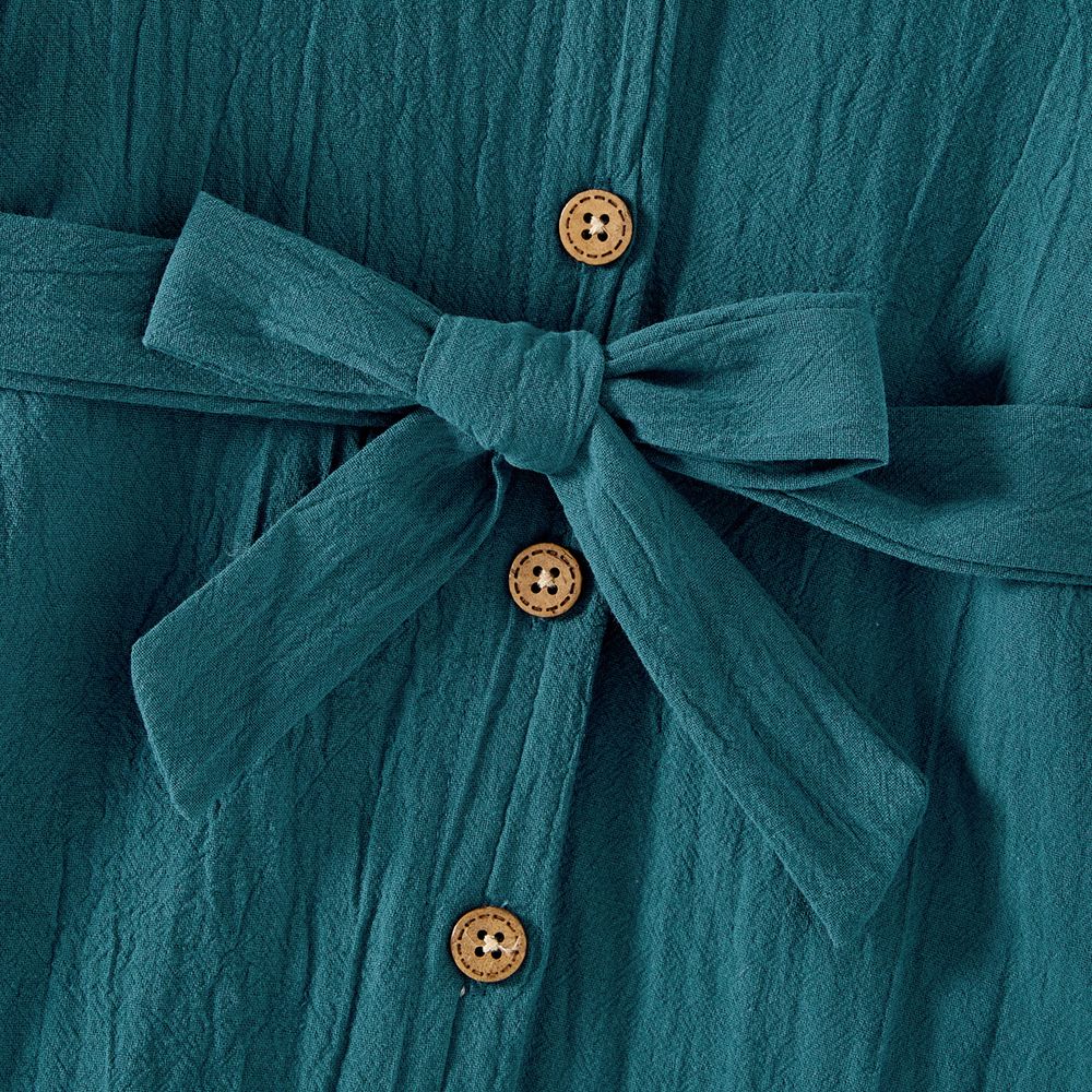 Mommy and Me 100% Cotton Button Front Solid V Neck Ruffle-sleeve Belted Dresses Peacockblue big image 7