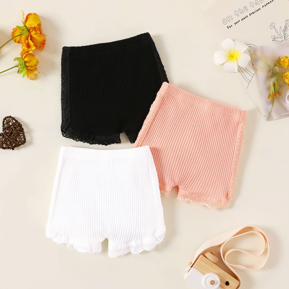 Baby Girl 95% Cotton Ribbed Lace Detail Shorts White big image 2