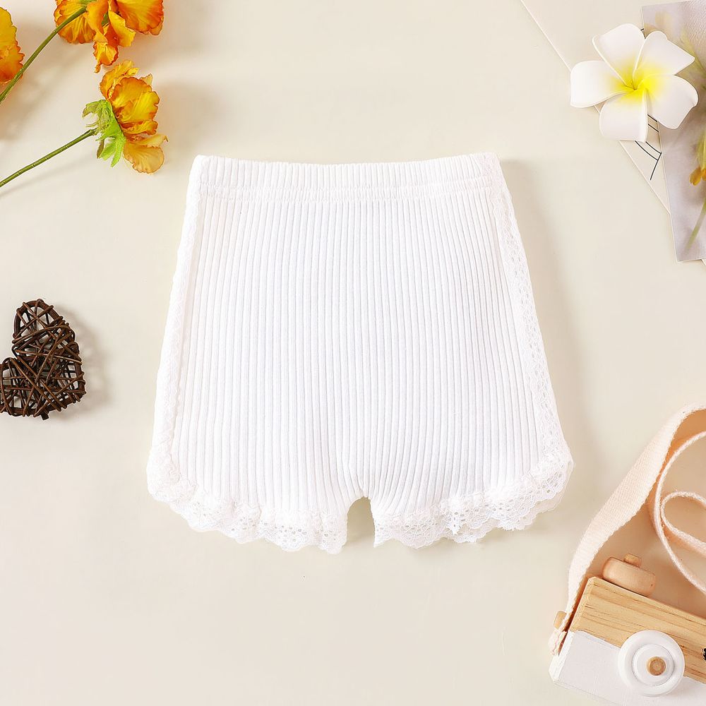Baby Girl 95% Cotton Ribbed Lace Detail Shorts White big image 1