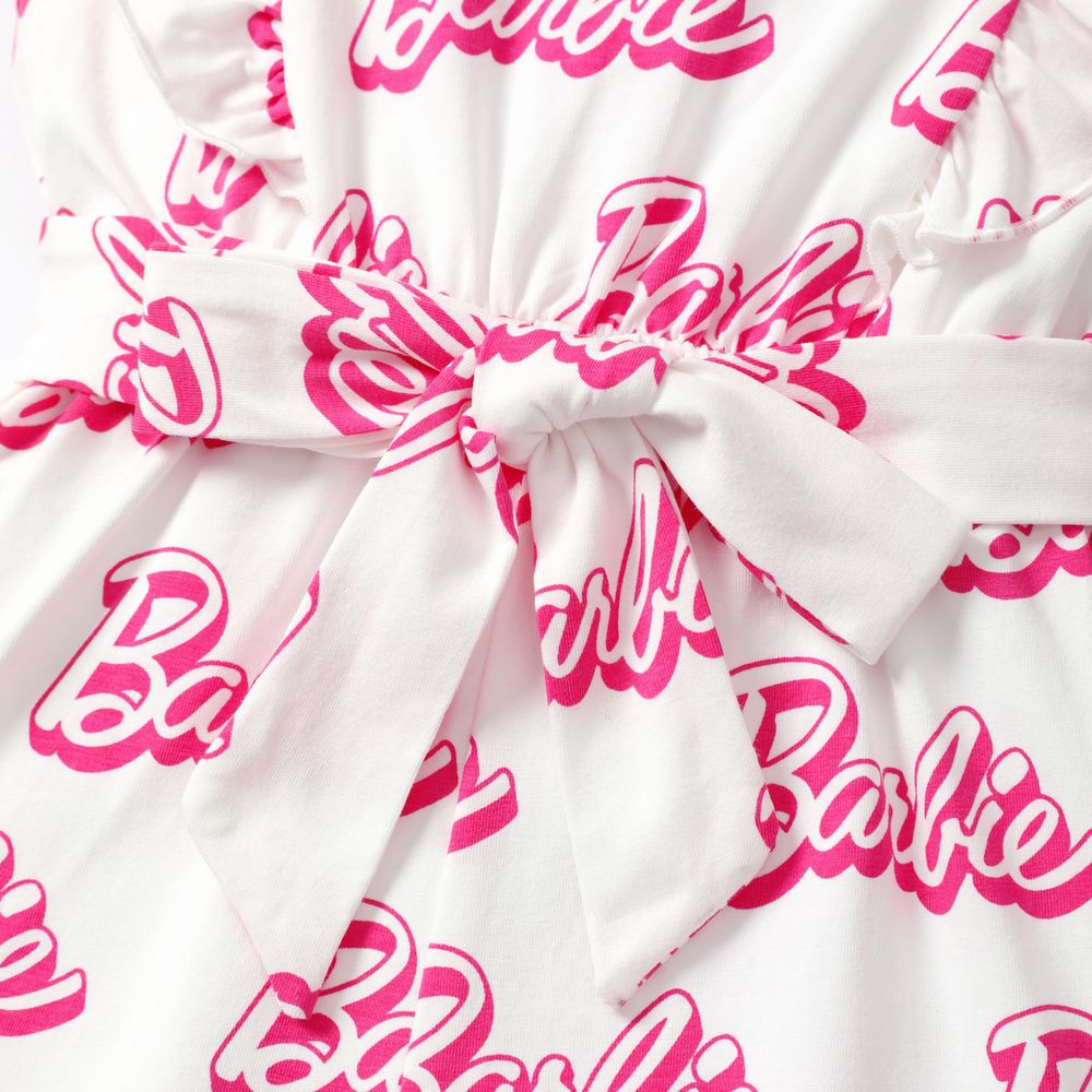 Barbie Toddler Girl Cotton Letter Print Ruffled Belted Rompers Multi-color big image 5