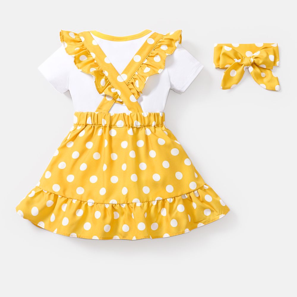 Looney Tunes 3pcs Baby Girl Cotton Short-sleeve Graphic Romper and Polka Dot Print Ruffle Trim Suspender Skirt & Headband Set Yellow big image 5