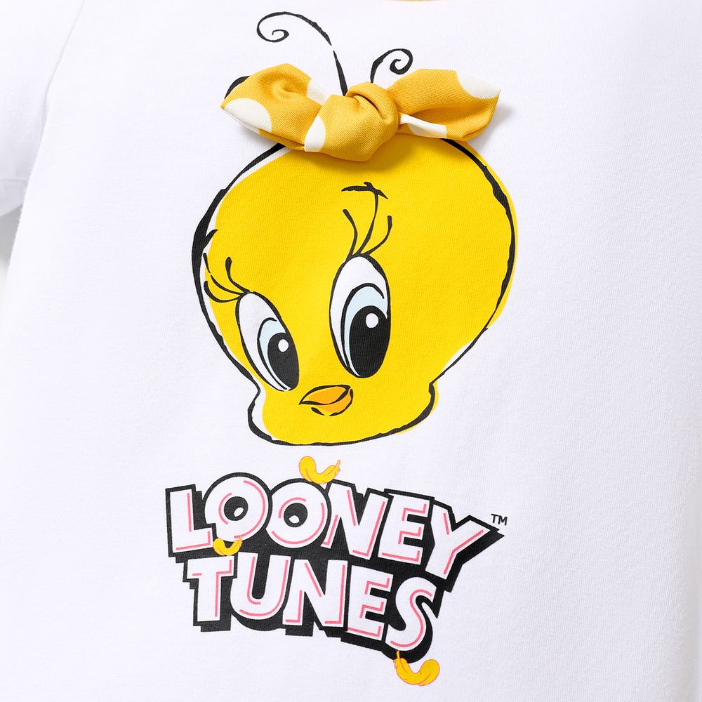 Looney Tunes 3pcs Baby Girl Cotton Short-sleeve Graphic Romper and Polka Dot Print Ruffle Trim Suspender Skirt & Headband Set Yellow big image 2