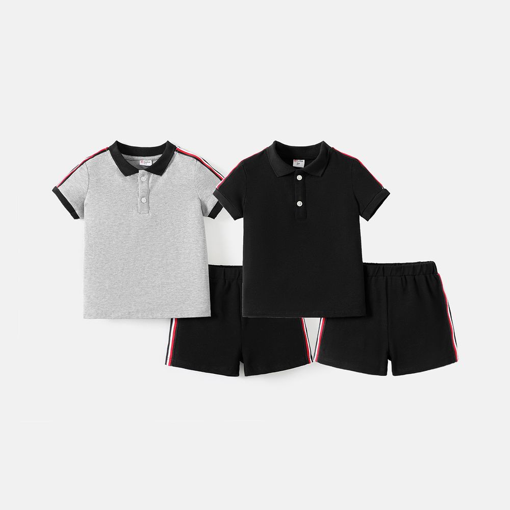 2pcs Toddler Boy Colorblock Cotton Short-sleeve Polo shirt and Shorts Set Grey big image 1
