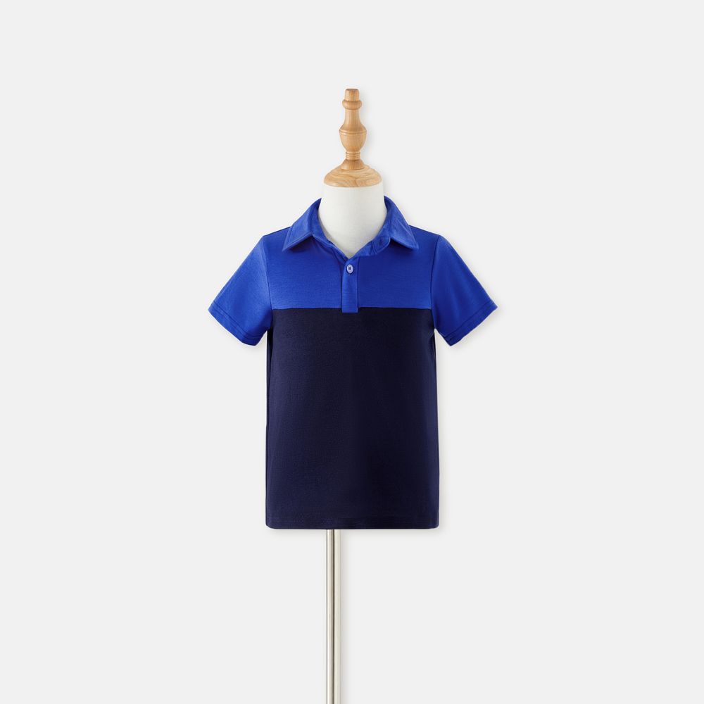 Family Matching Guipure Lace Halter Neck Dresses and Color Block Short-sleeve T-shirts Sets Blue big image 3