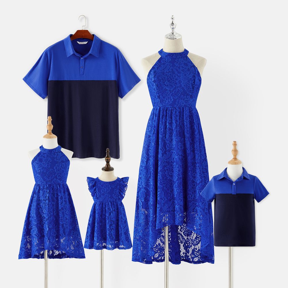 Family Matching Guipure Lace Halter Neck Dresses and Color Block Short-sleeve T-shirts Sets Blue big image 1
