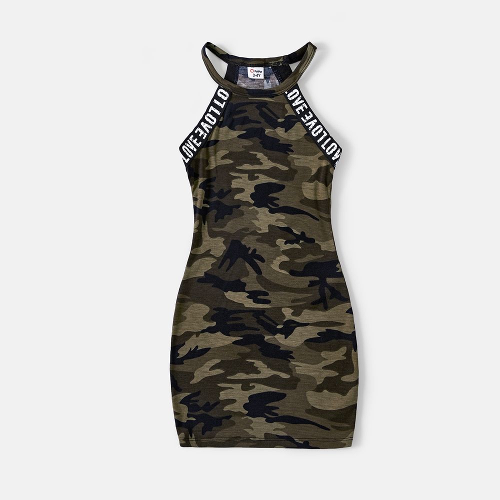 Family Matching Letter Design Camouflage Halter Neck Sleeveless Bodycon Dresses and Cotton Short-sleeve Spliced T-shirts Sets MultiColour big image 9