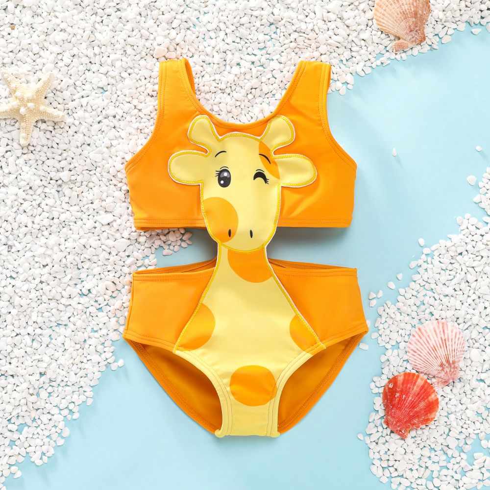 Toddler Girl Playful Giraffe Design Sleeveless Onepiece Swimsuit Orange big image 1