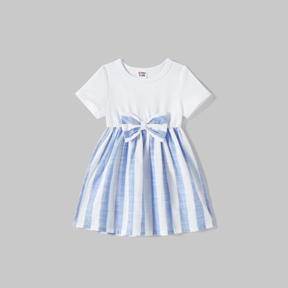 Family Matching Cotton Short-sleeve Spliced Tee and Striped Surplice Neck Short-sleeve Belted Dresses Sets BLUE WHITE big image 2