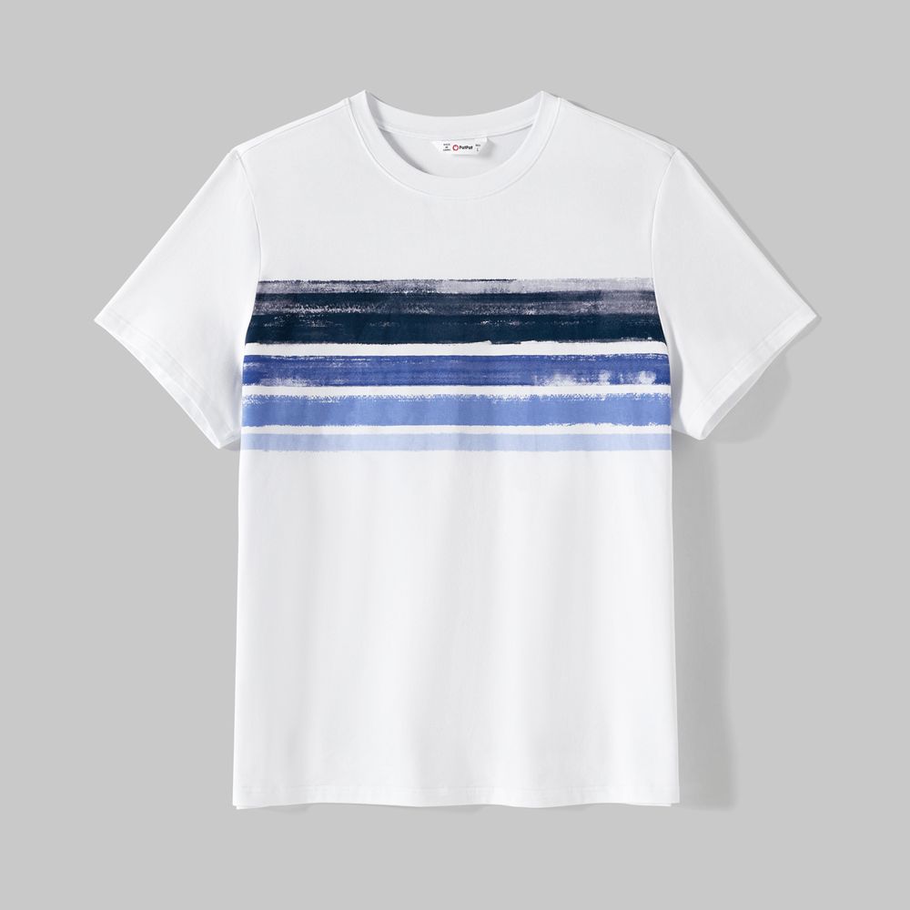 Family Matching Cotton Short-sleeve Spliced Tee and Striped Surplice Neck Short-sleeve Belted Dresses Sets BLUE WHITE big image 15