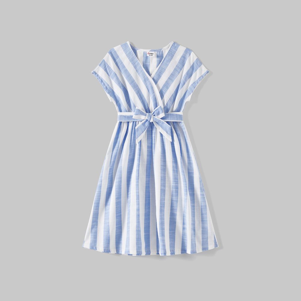 Family Matching Cotton Short-sleeve Spliced Tee and Striped Surplice Neck Short-sleeve Belted Dresses Sets BLUE WHITE big image 8