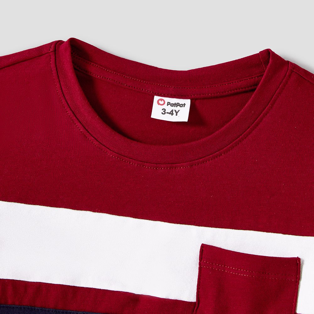 Family Matching Cotton Short-sleeve Colorblock T-shirts and Floral Print V Neck Belted Spliced Naia™ Dresses Sets WineRed big image 12