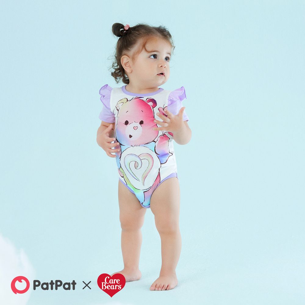 Care Bears 2pcs Baby Girl Bear Print Ruffle Short-sleeve Naia™ Romper and Rainbow Ombre Skirt Set Ombre big image 7