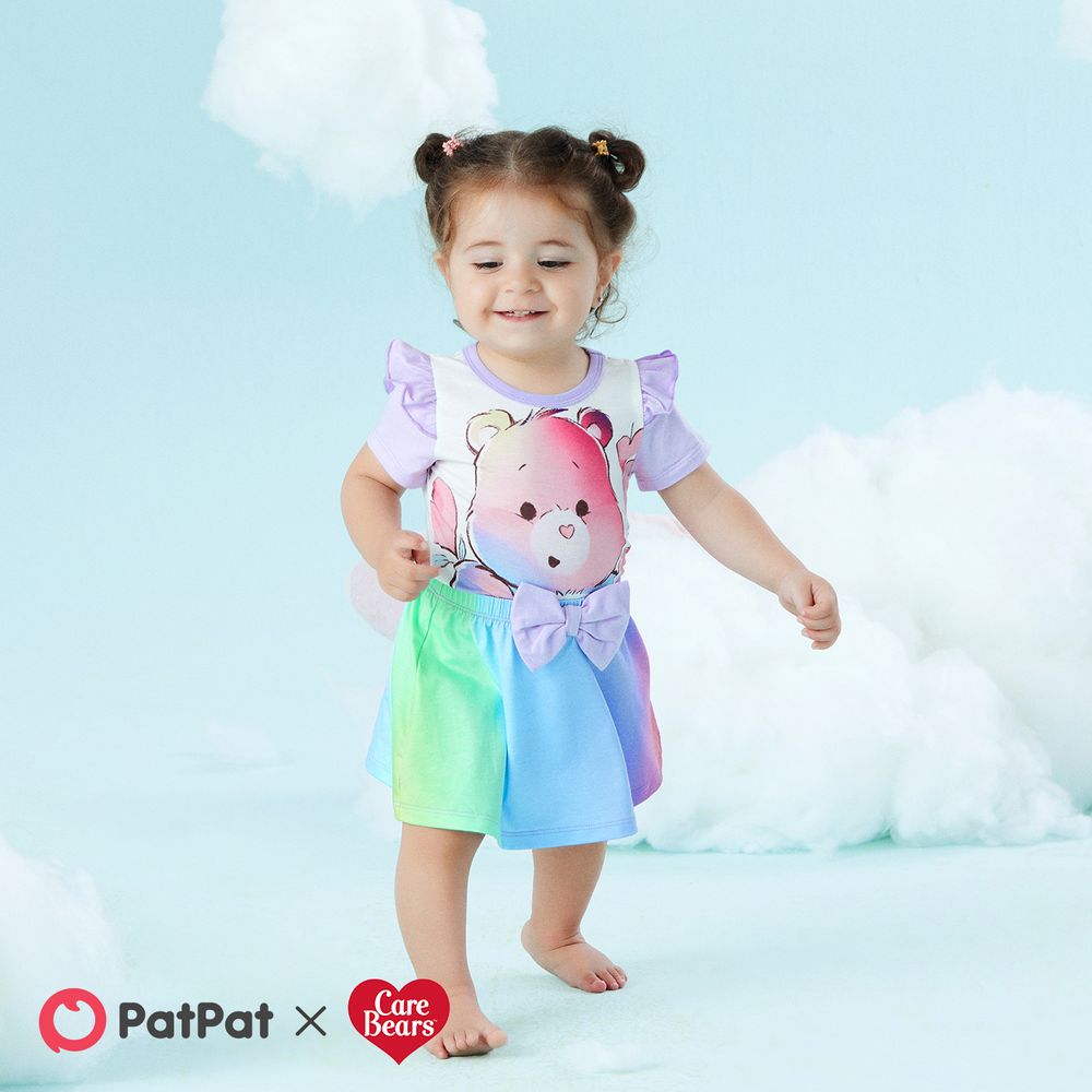 Care Bears 2pcs Baby Girl Bear Print Ruffle Short-sleeve Naia™ Romper and Rainbow Ombre Skirt Set Ombre big image 6