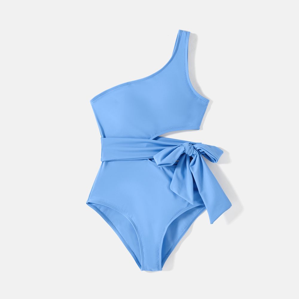 Family Matching Solid One Shoulder Cut Out Self-tie One-piece Swimsuit and Striped Colorblock Swim Trunks Blue big image 11
