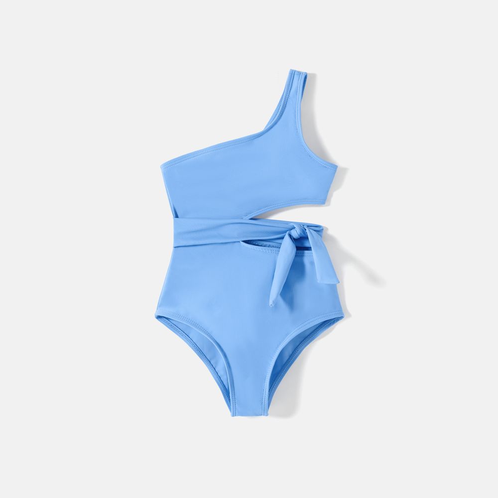 Family Matching Solid One Shoulder Cut Out Self-tie One-piece Swimsuit and Striped Colorblock Swim Trunks Blue big image 6