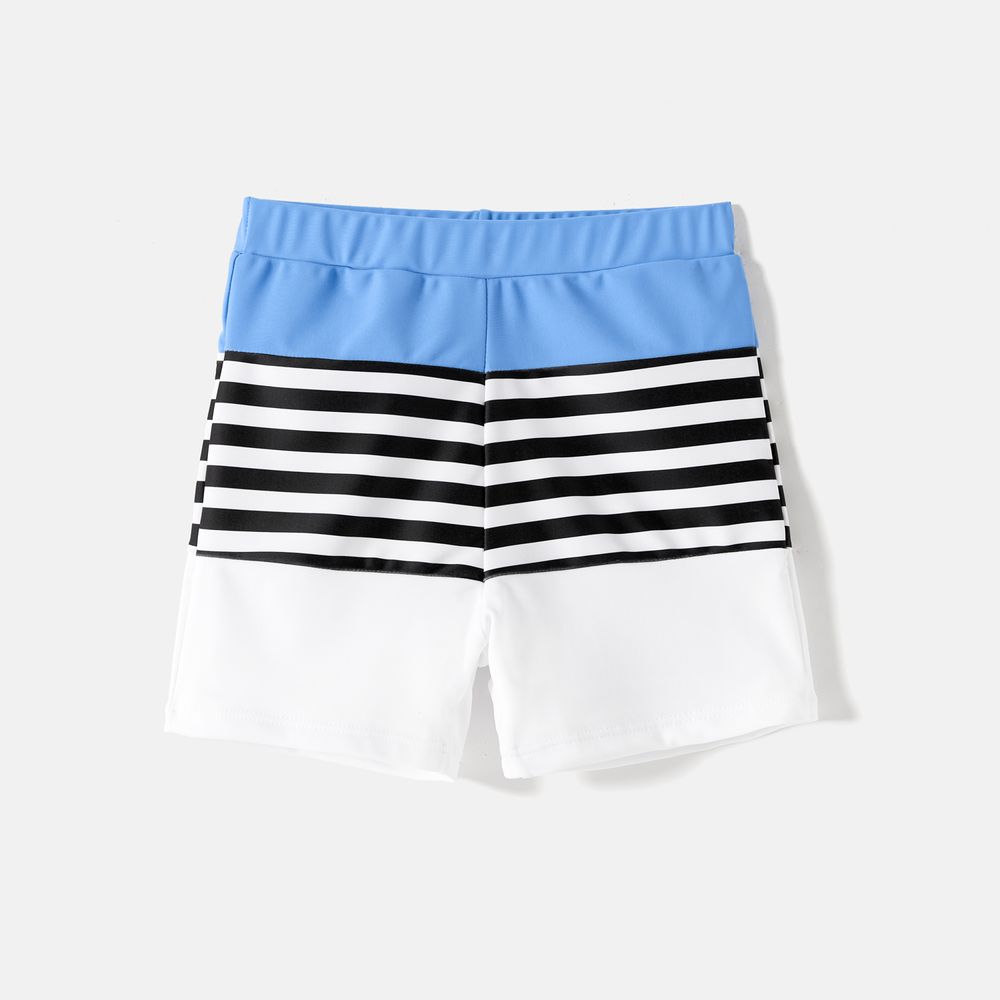 Family Matching Solid One Shoulder Cut Out Self-tie One-piece Swimsuit and Striped Colorblock Swim Trunks Blue big image 2