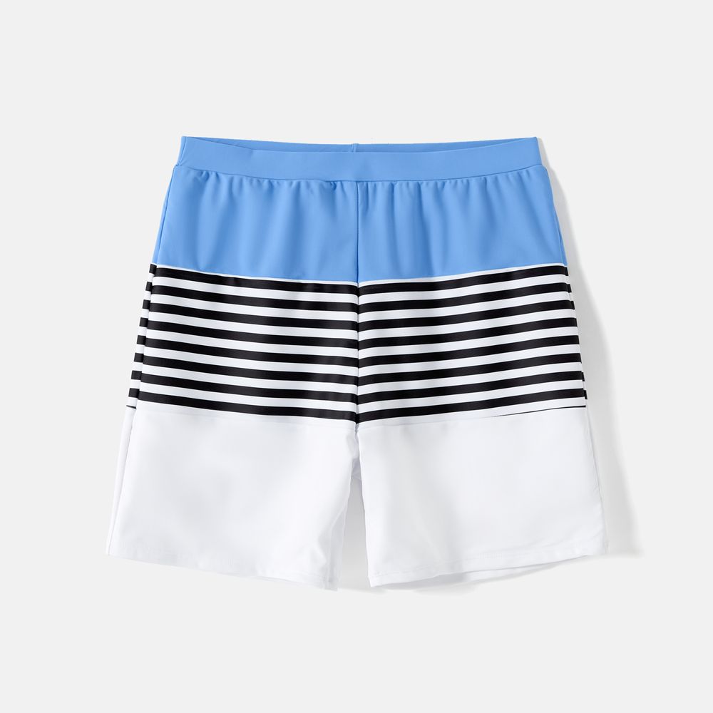 Family Matching Solid One Shoulder Cut Out Self-tie One-piece Swimsuit and Striped Colorblock Swim Trunks Blue big image 13