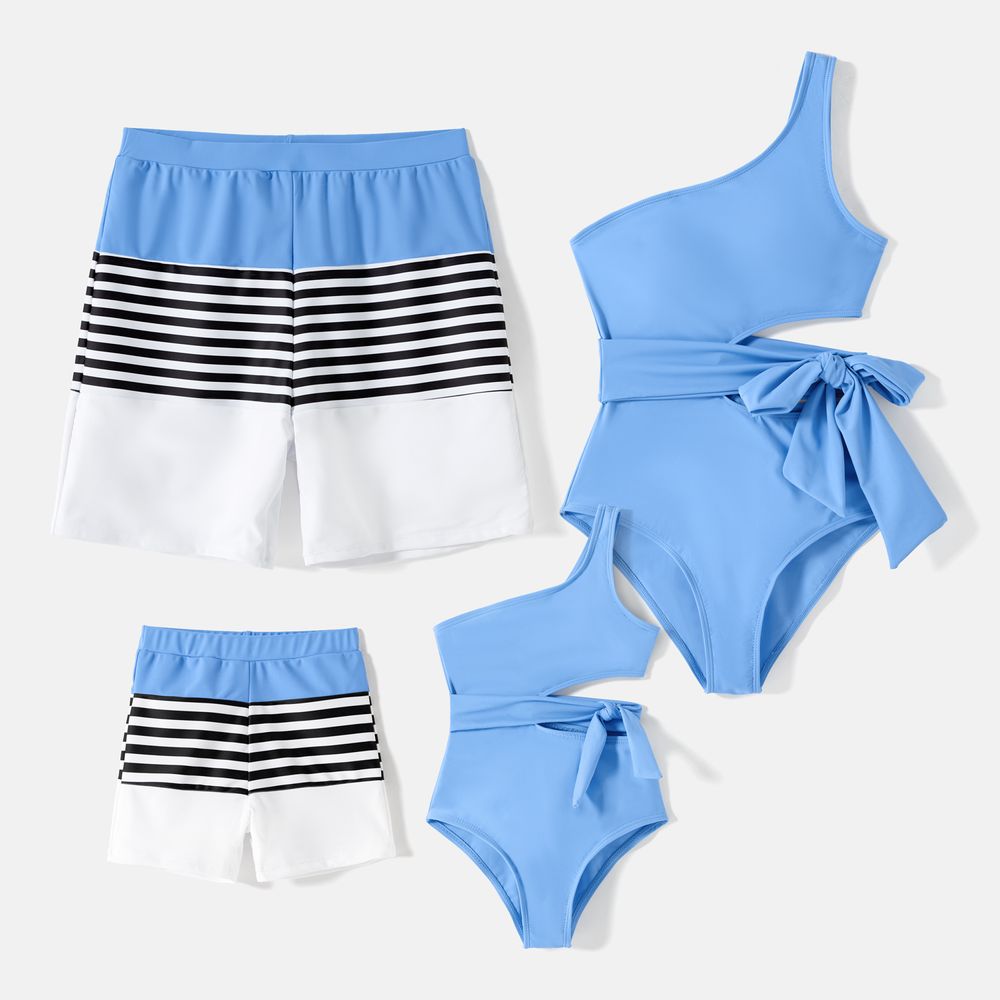 Family Matching Solid One Shoulder Cut Out Self-tie One-piece Swimsuit and Striped Colorblock Swim Trunks Blue big image 1