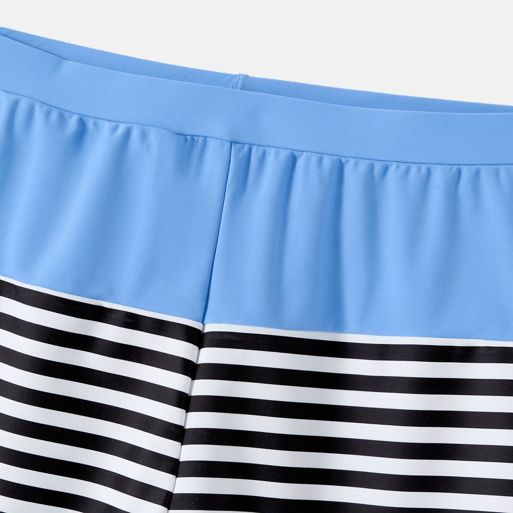 Family Matching Solid One Shoulder Cut Out Self-tie One-piece Swimsuit and Striped Colorblock Swim Trunks Blue big image 14