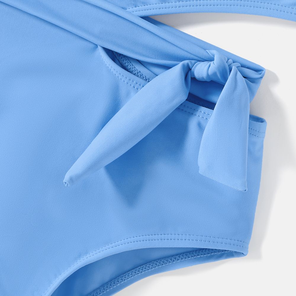 Family Matching Solid One Shoulder Cut Out Self-tie One-piece Swimsuit and Striped Colorblock Swim Trunks Blue big image 10