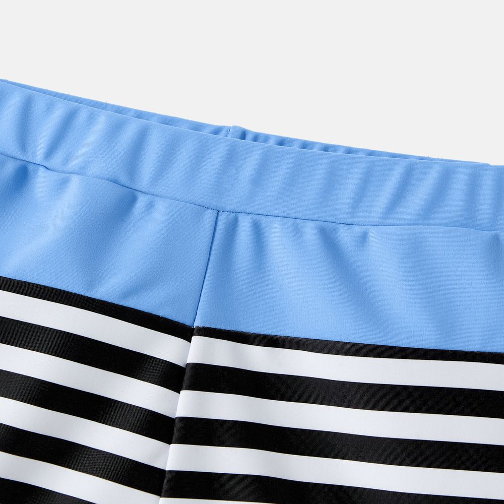 Family Matching Solid One Shoulder Cut Out Self-tie One-piece Swimsuit and Striped Colorblock Swim Trunks Blue big image 3
