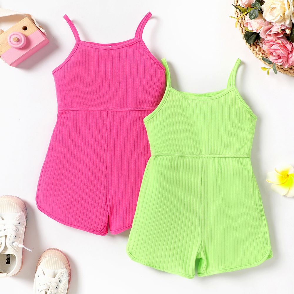 Toddler Girl Solid Color Ribbed Cotton Slip Rompers Green big image 2