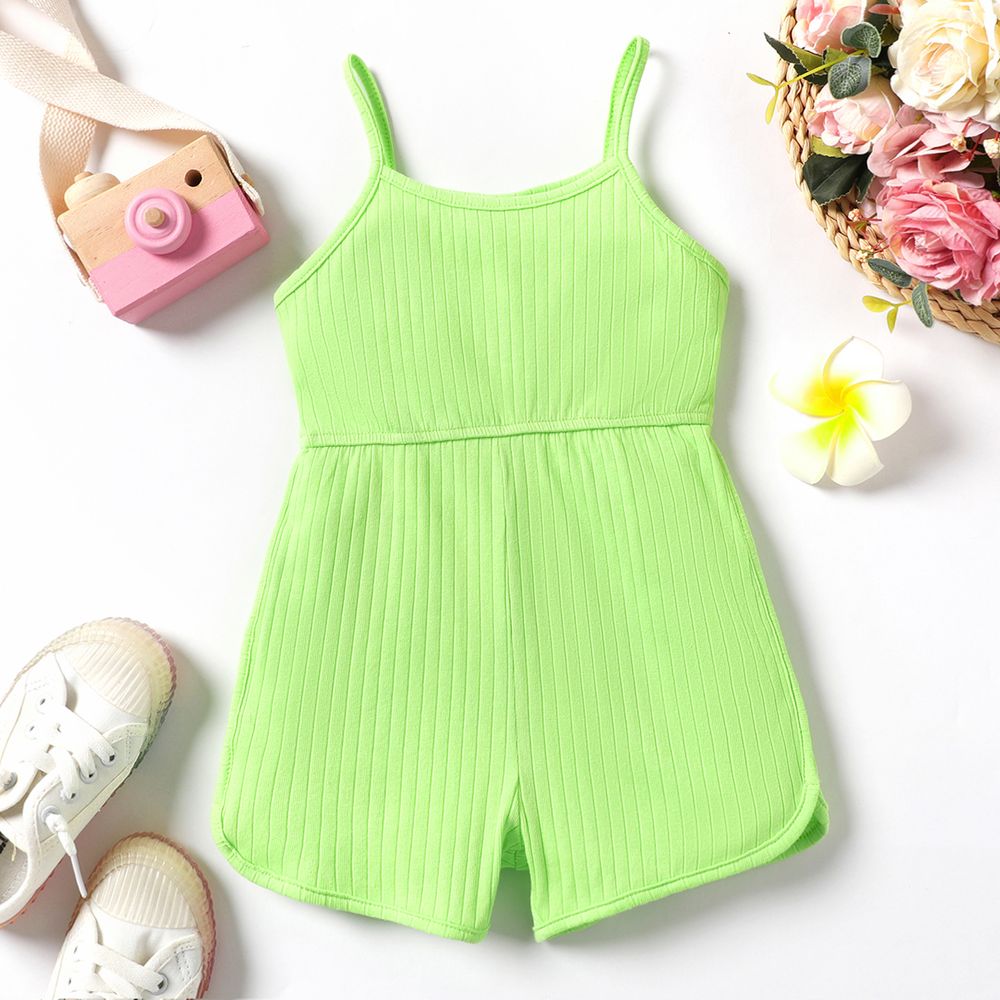 Toddler Girl Solid Color Ribbed Cotton Slip Rompers Green big image 1