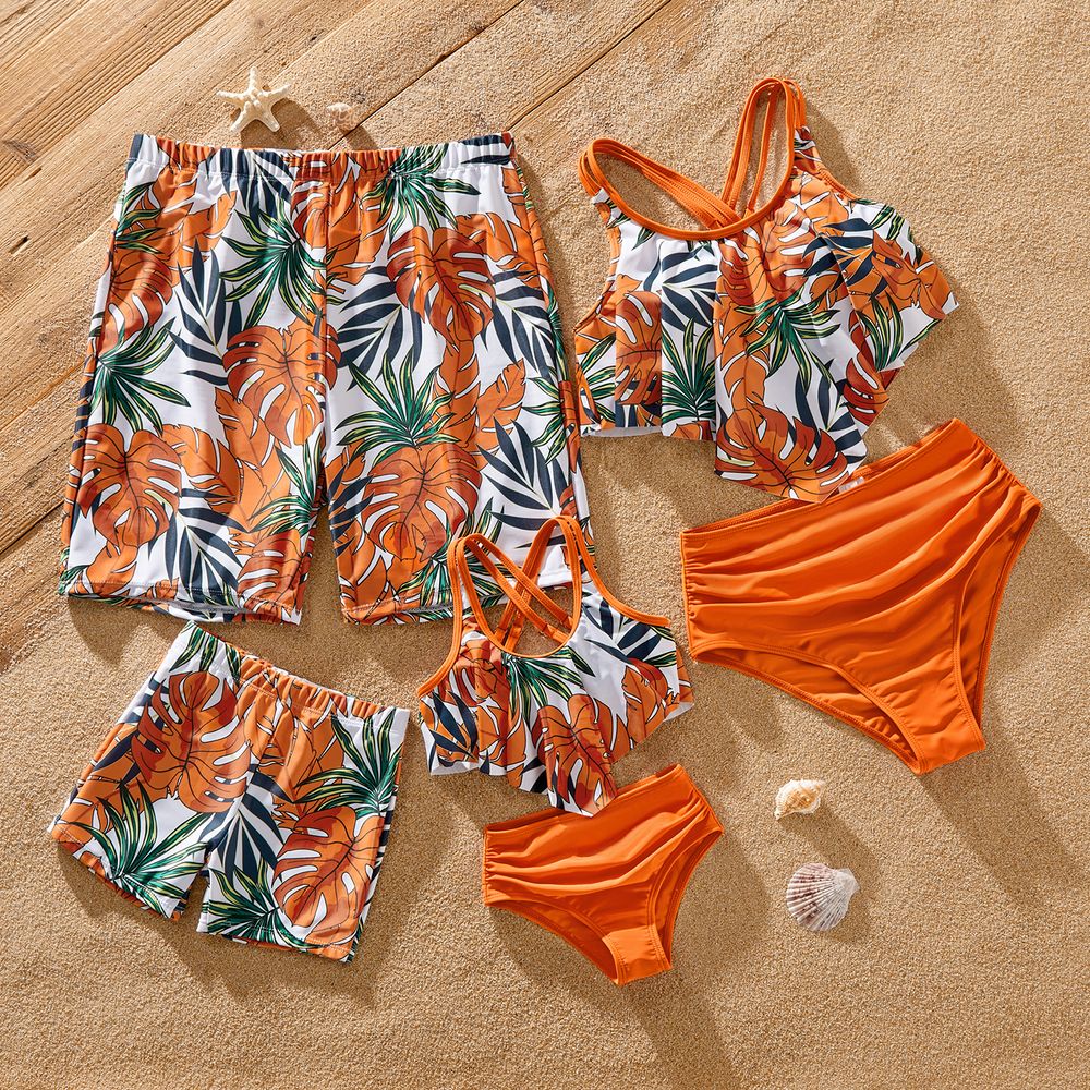 Family Matching Tropical Plant Print Two-piece Swimsuit and Swim Trunks Shorts ColorBlock big image 5