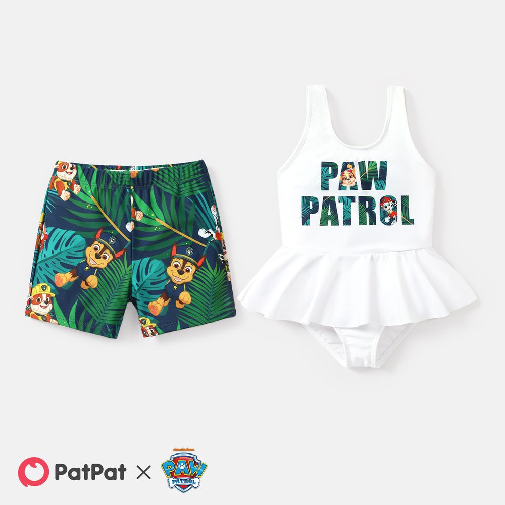 PAW Patrol Sibling Matching Letter Graphic Ruffle Trim One-Piece Swimsuit and Allover Plant Print Swim Trunks Colorful big image 6