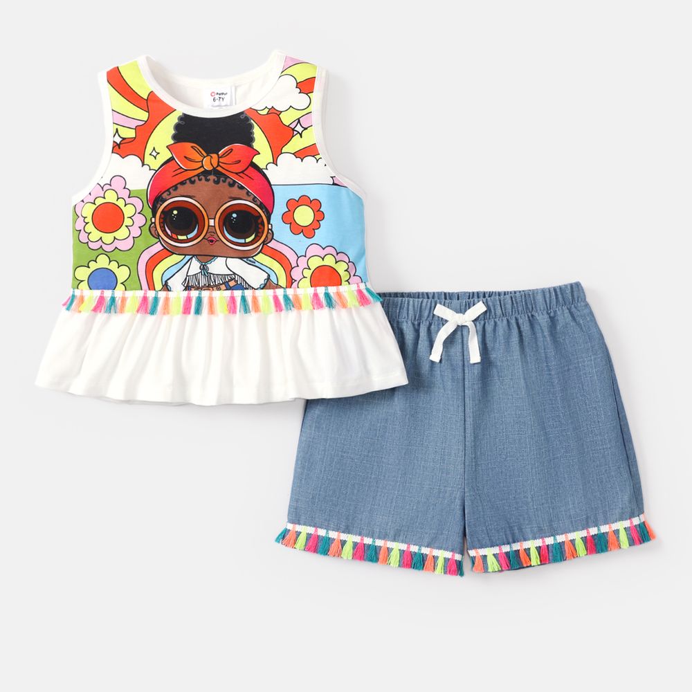 LOL Surprise Kid Girl 2pcs Graphic Print Naia™ Tank Top and Fringe Design Denim Shorts Set Colorful big image 2