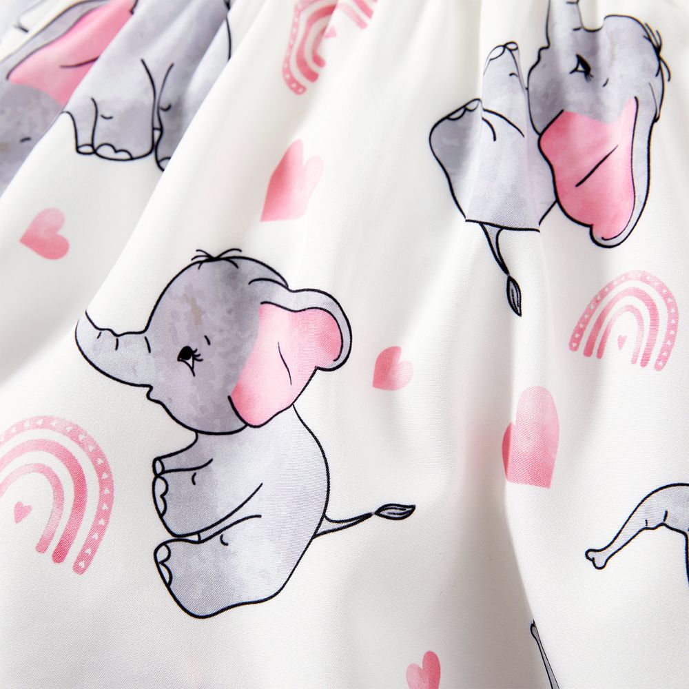 Baby/Toddler Girl Elephant Print Ribbed Splice Short-sleeve Dress PinkyWhite big image 2