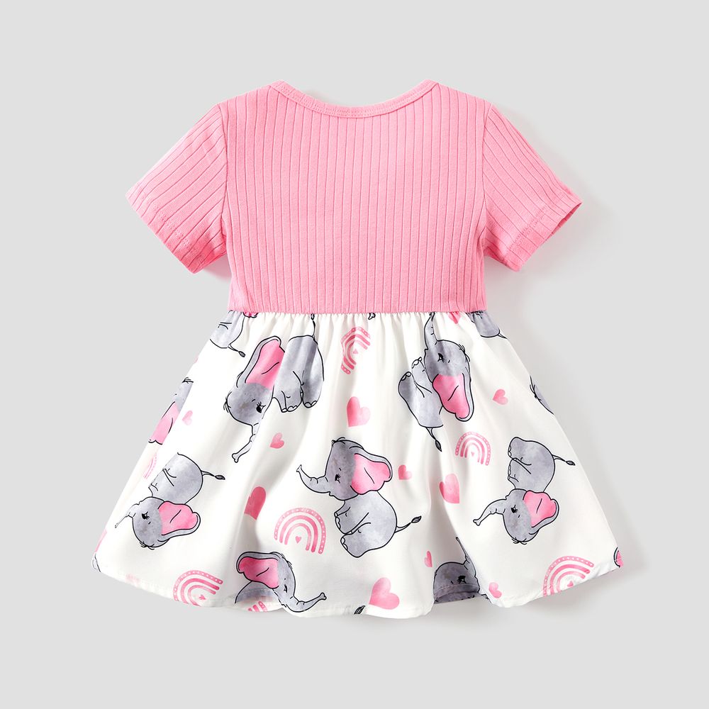 Baby/Toddler Girl Elephant Print Ribbed Splice Short-sleeve Dress PinkyWhite big image 4