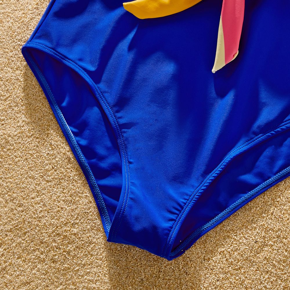 Family Matching Colorful Print Spliced Ruffle Trim Self Tie One-piece Swimsuit and Colorblock Swim Trunks Shorts Colorful big image 9