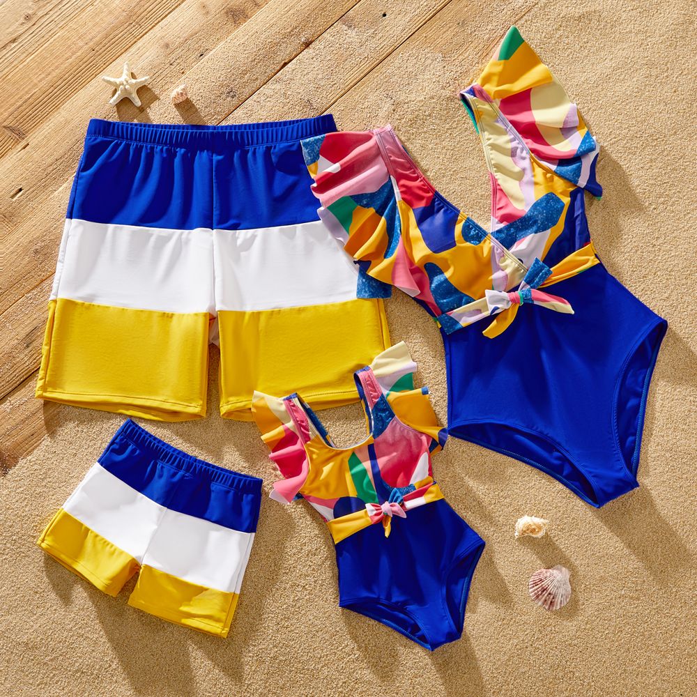 Family Matching Colorful Print Spliced Ruffle Trim Self Tie One-piece Swimsuit and Colorblock Swim Trunks Shorts Colorful big image 1