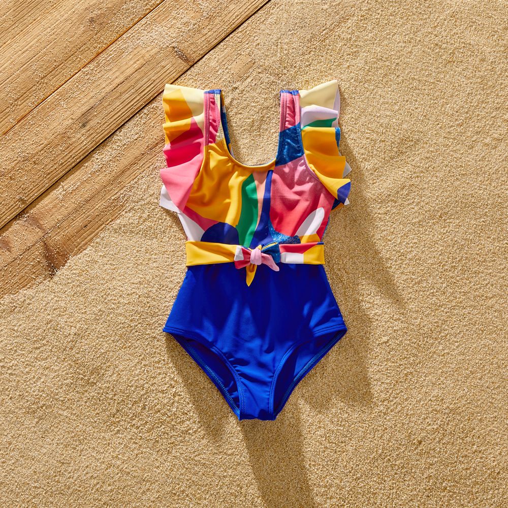 Family Matching Colorful Print Spliced Ruffle Trim Self Tie One-piece Swimsuit and Colorblock Swim Trunks Shorts Colorful big image 10