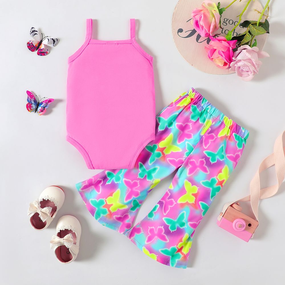 2pcs Baby Girl Cotton Button Design Camisole and Butterfly Print Flared Pants Set Pink big image 2