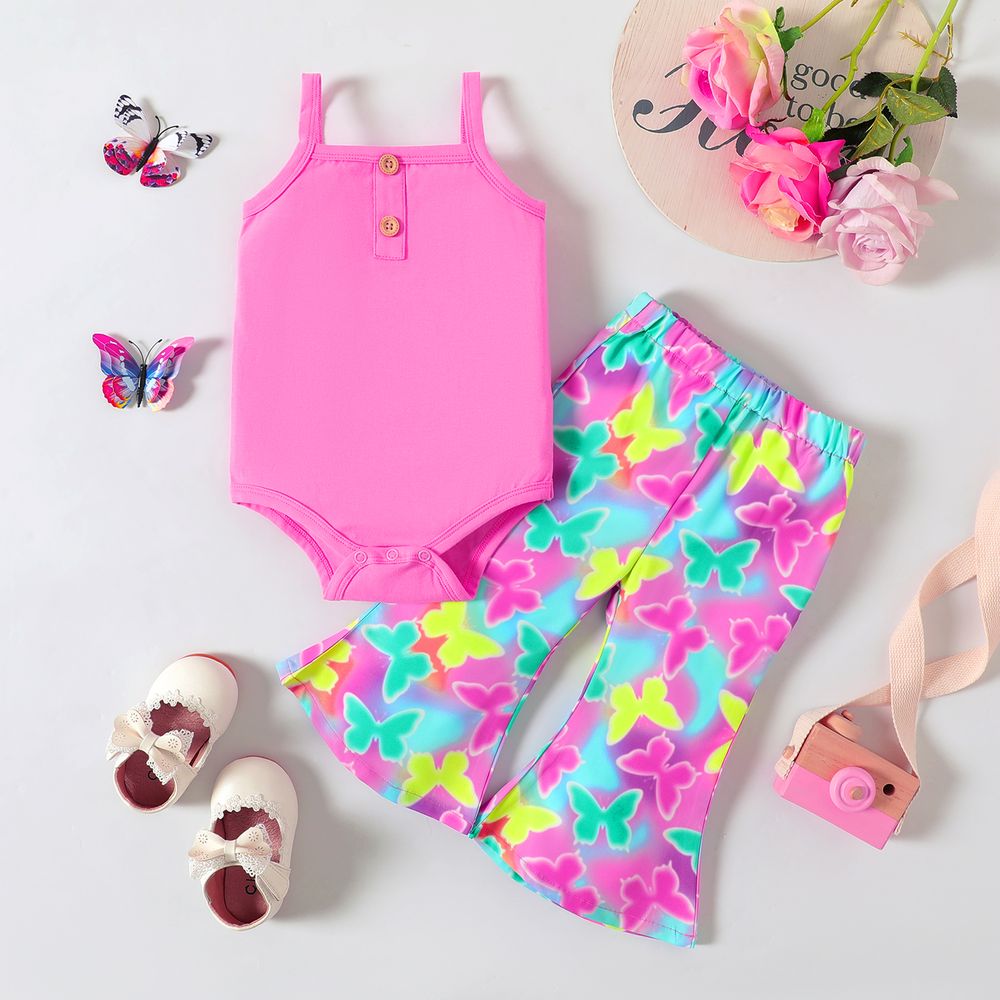 2pcs Baby Girl Cotton Button Design Camisole and Butterfly Print Flared Pants Set Pink big image 1