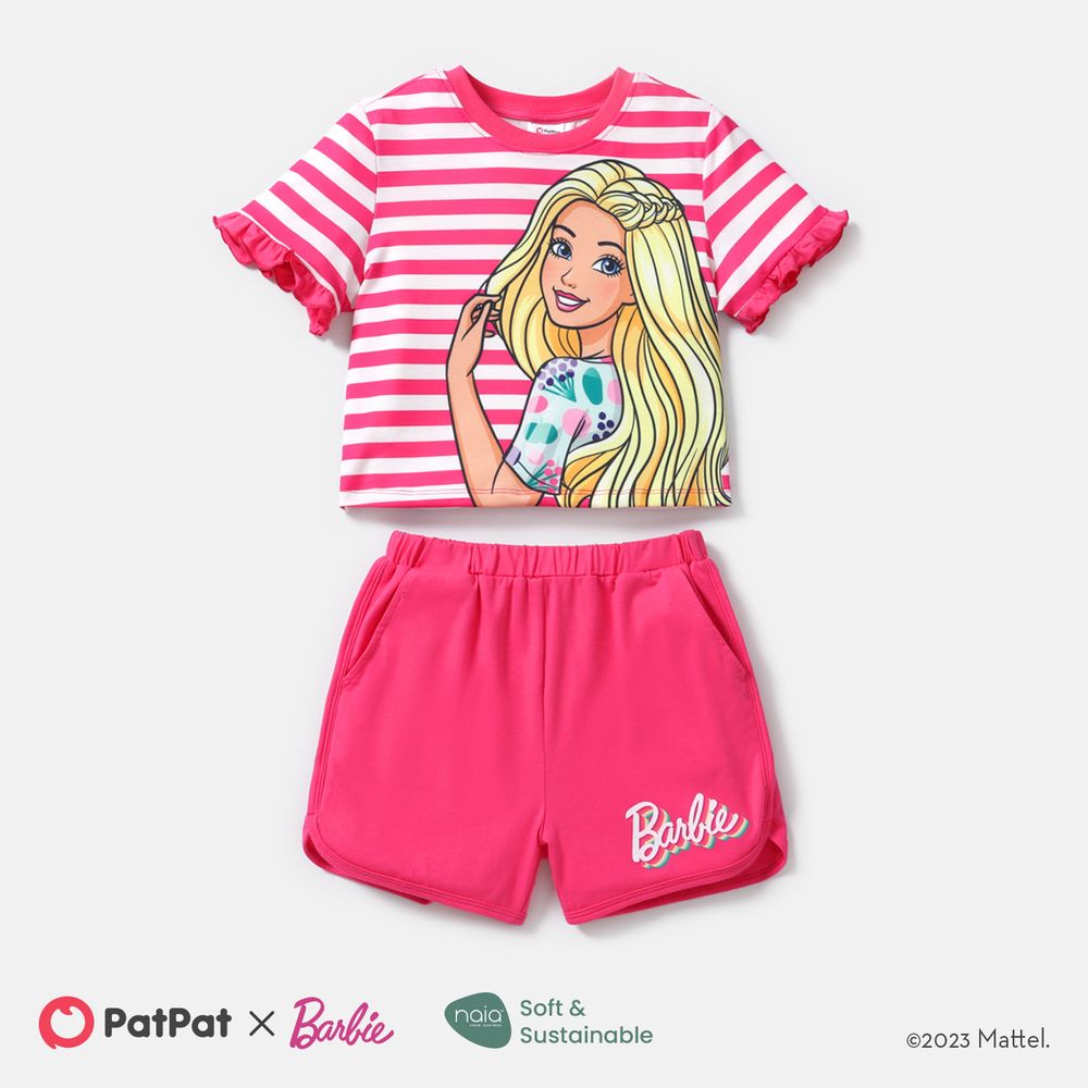 Barbie 2pcs Toddler/Kid Girl Naia Stripe Short-sleeve Tee and Cotton Shorts Set Roseo big image 1