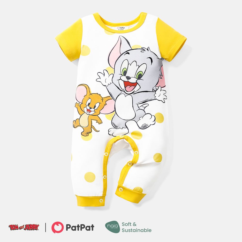 Tom and Jerry Baby Boy Short-sleeve Graphic Print Polka Dots or Striped Naia™ Jumpsuit Yellow big image 1