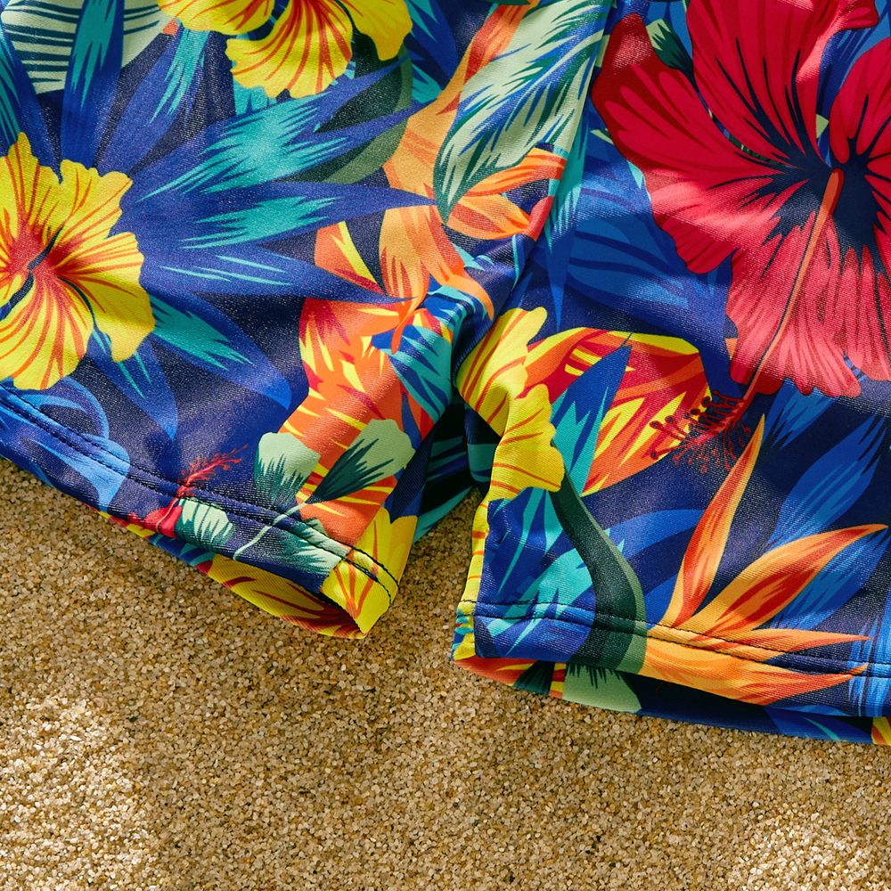 Family Matching Solid Scallop Trim Strappy Two-piece Swimsuit and Allover Floral Print Swim Trunks Shorts ColorBlock big image 11
