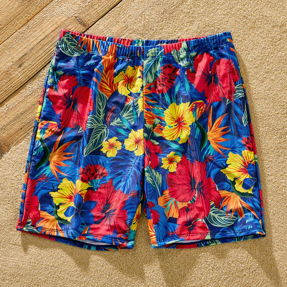 Family Matching Solid Scallop Trim Strappy Two-piece Swimsuit and Allover Floral Print Swim Trunks Shorts ColorBlock big image 9