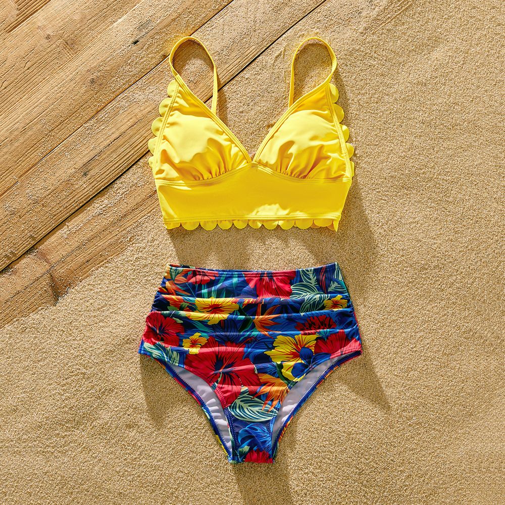 Family Matching Solid Scallop Trim Strappy Two-piece Swimsuit and Allover Floral Print Swim Trunks Shorts ColorBlock big image 3