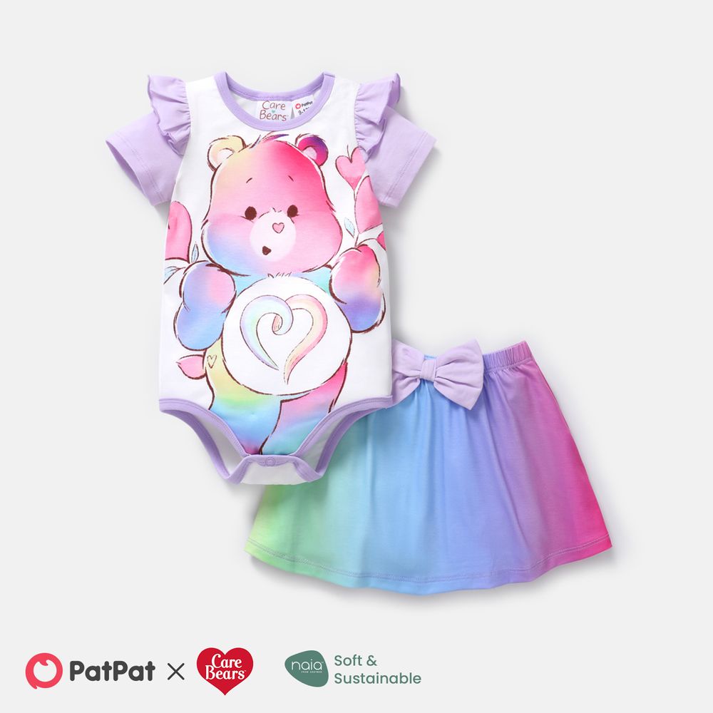 Care Bears 2pcs Baby Girl Bear Print Ruffle Short-sleeve Naia™ Romper and Rainbow Ombre Skirt Set Ombre big image 8
